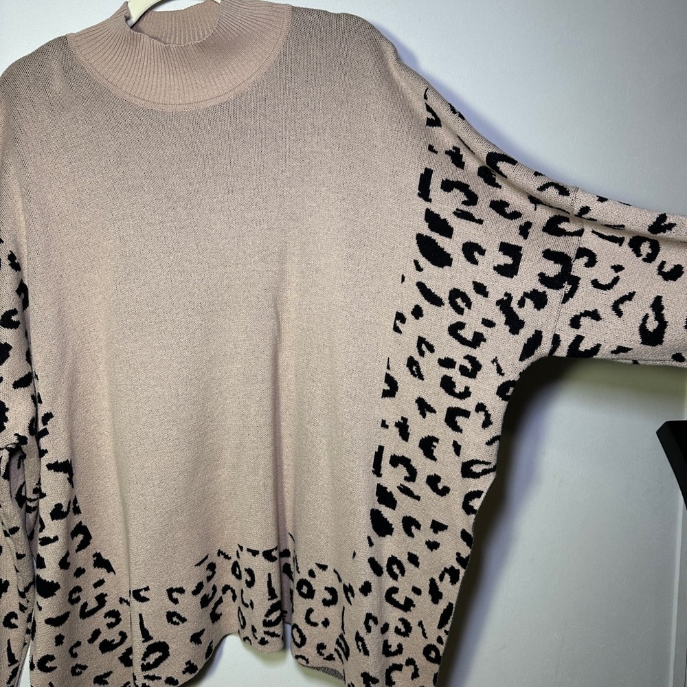 Leopard High Neck Side Slit Oversized Sweater size 2XL Cozy Minimalist Chic - Picture 3 of 9